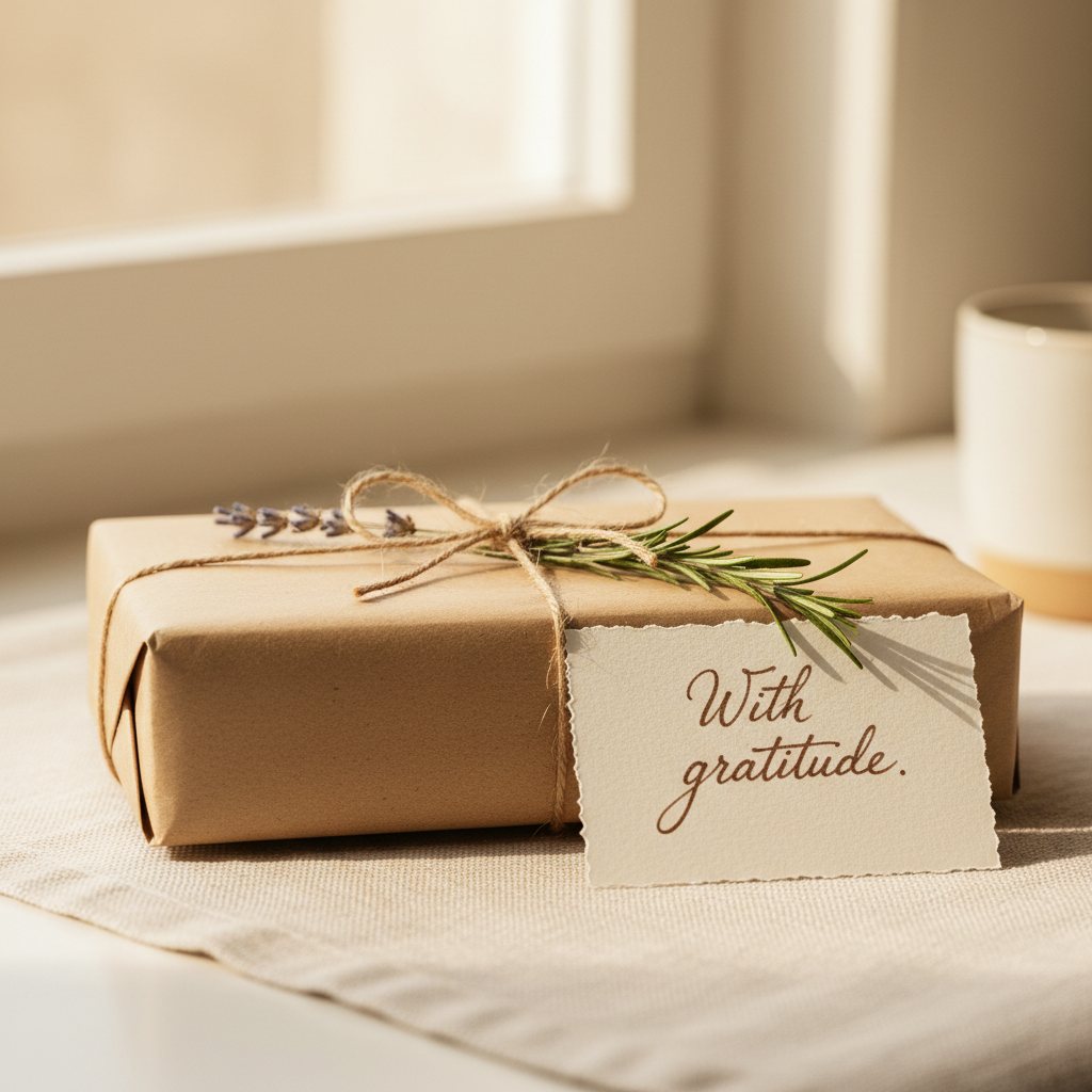 A carefully wrapped parcel with a thank-you note