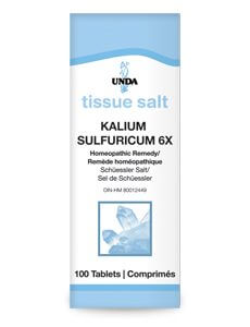 UNDA Kalium Sulfuricum 6X - A Schuessler Tissue Salt homeopathic remedy for skin, throat, and eye irritations.
