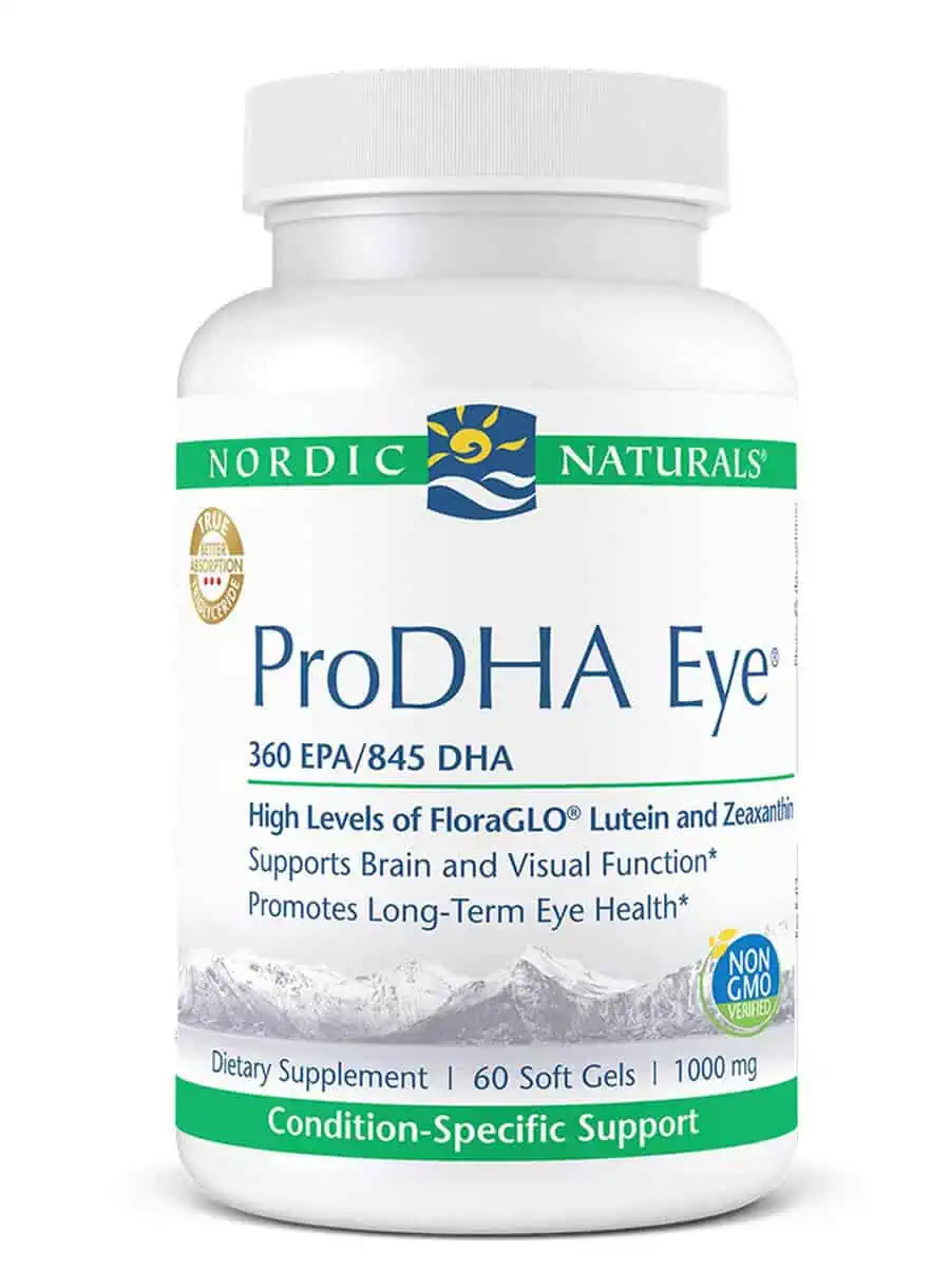 ProDHA Eye supplement facts with lutein, zeaxanthin, and omega-3s for eye and brain health