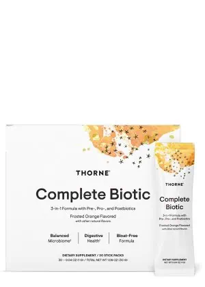 Thorne Complete Biotic - A 3-in-1 prebiotic, probiotic, and postbiotic powder for gut health.