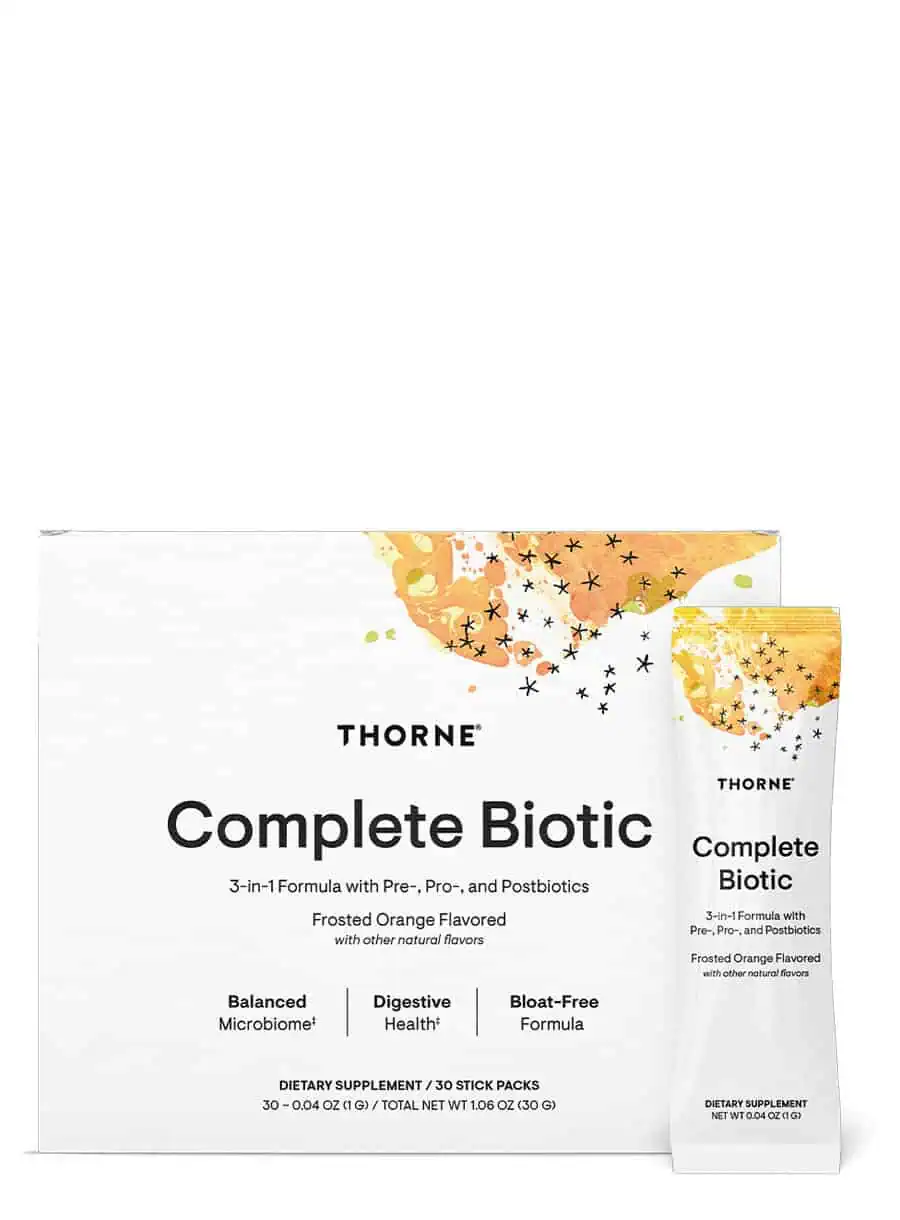 Thorne Complete Biotic - A 3-in-1 prebiotic, probiotic, and postbiotic powder for gut health.