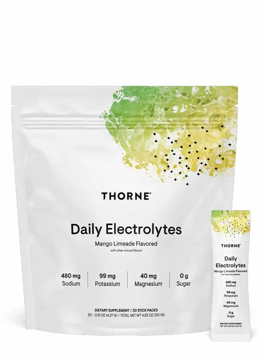 Thorne Daily Electrolytes - Sugar-free mango limeade electrolyte powder for hydration and muscle recovery.