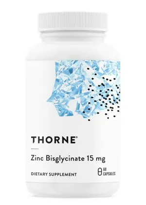 Thorne Zinc Bisglycinate (60 Capsules) - 15mg chelated zinc supplement for daily immune support.