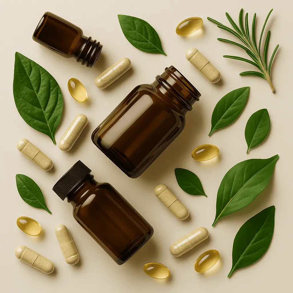 Assorted dietary supplements and vitamin bottles neatly arranged on a wooden surface, ideal for promoting natural health and wellness through daily supplementation.
