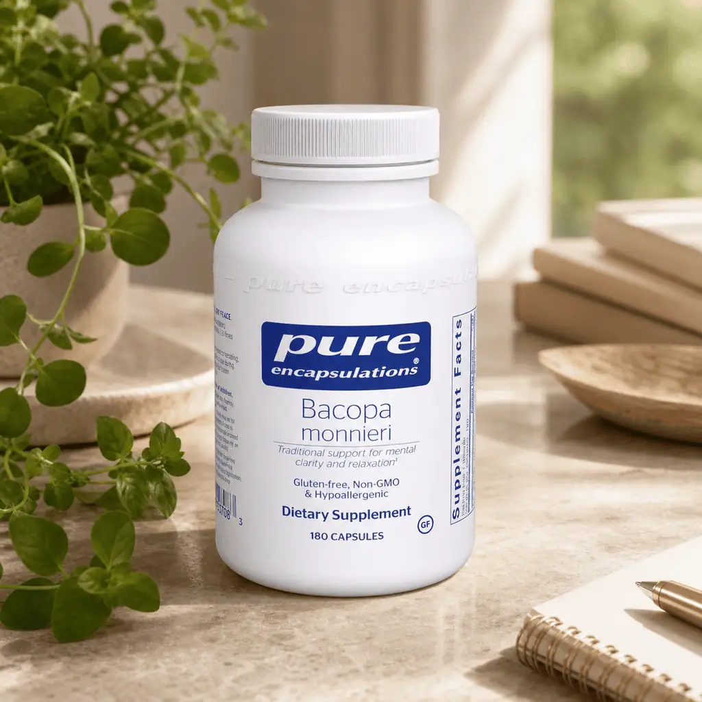 Bacopa monnieri by Pure Encapsulations in a botanical workspace scene
