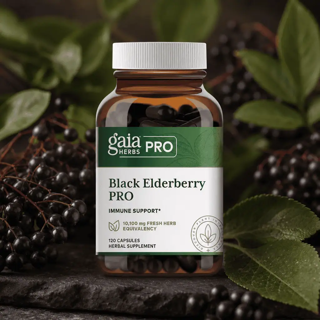 Black Elderberry PRO by Gaia Herbs in an elderberry botanical scene