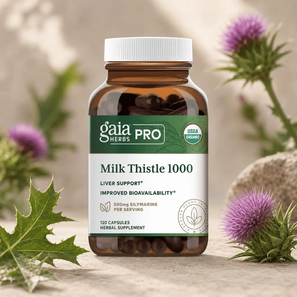 Milk Thistle 1000 by Gaia Herbs PRO with milk-thistle flowers and leaves