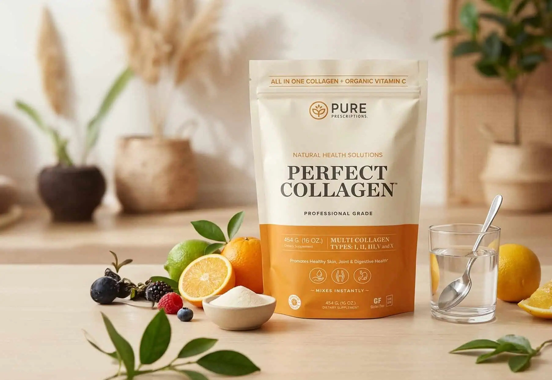 Perfect Collagen With Vitamin C Pouch in Kitchen Counter.